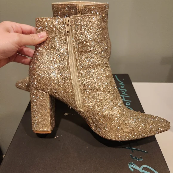 LIGHT GOLD RHINESTONE BLOCK HEEL BOOTIE|  BETSEY JOHNSON, size 7.5 - Picture 6 of 16